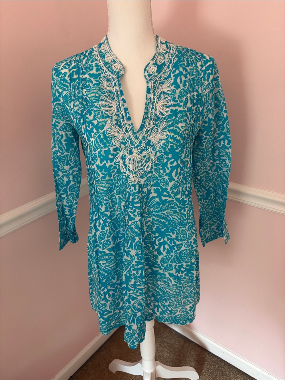 Lilly Pulitzer Turquoise & White Embroidered V-Neck Swim Coverup